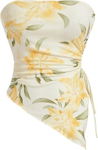 Milumia Women's Floral Print Strapless Tube Top Ruched Drawstring Asymmetrical Tank Tops in Saudi Arabia
