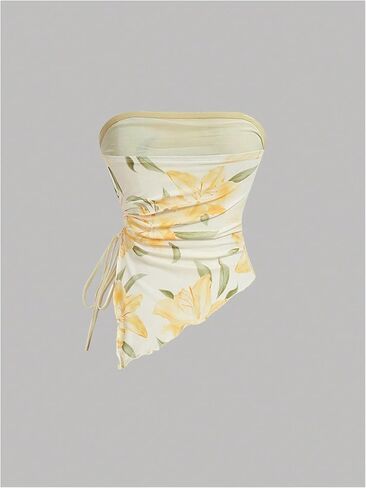 Milumia Women's Floral Print Strapless Tube Top Ruched Drawstring Asymmetrical Tank Tops in Saudi Arabia