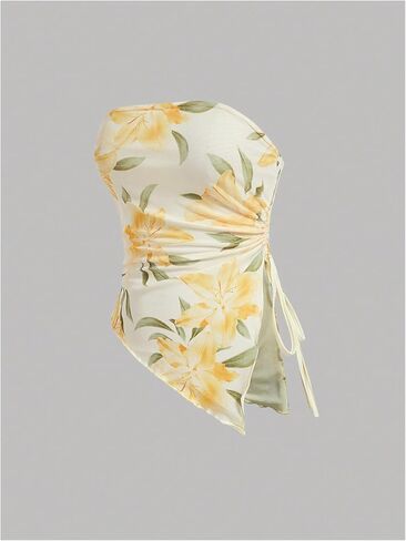 Milumia Women's Floral Print Strapless Tube Top Ruched Drawstring Asymmetrical Tank Tops in Saudi Arabia