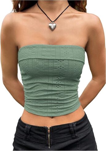 OYOANGLE Women's Eyelet Embroidered Tube Top Strapless Ruched Slim Fit Y2K Crop Bandeau Tops in Saudi Arabia