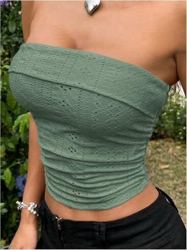 OYOANGLE Women's Eyelet Embroidered Tube Top Strapless Ruched Slim Fit Y2K Crop Bandeau Tops in Saudi Arabia