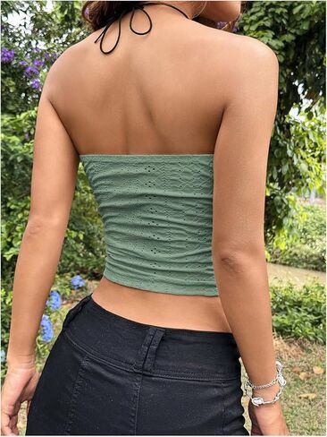 OYOANGLE Women's Eyelet Embroidered Tube Top Strapless Ruched Slim Fit Y2K Crop Bandeau Tops in Saudi Arabia
