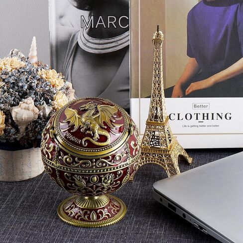 Windproof Large Ashtray with Flip Lid for Cigarettes, Portable Metal Dragon Print Home Decorative Ashtray for Patio Indoor Outdoor, Cone Incense Burner, Blue Gold in Kuwait