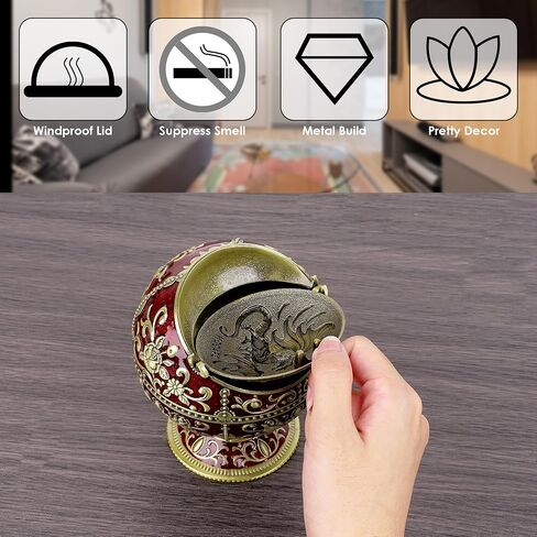 Windproof Large Ashtray with Flip Lid for Cigarettes, Portable Metal Dragon Print Home Decorative Ashtray for Patio Indoor Outdoor, Cone Incense Burner, Blue Gold in Kuwait