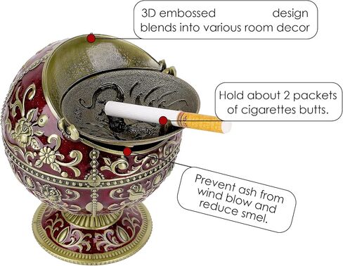 Windproof Large Ashtray with Flip Lid for Cigarettes, Portable Metal Dragon Print Home Decorative Ashtray for Patio Indoor Outdoor, Cone Incense Burner, Blue Gold in Kuwait