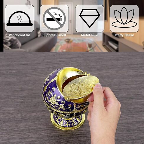 منفضة سجائر كبيرة مقاومة للرياح مع غطاء قلاب للسجائر، منفضة سجائر معدنية محمولة مطبوعة على شكل تنين لتزيين المنزل للفناء الداخلي والخارجي، مبخرة مخروطية، ذهبي أزرق in Kuwait