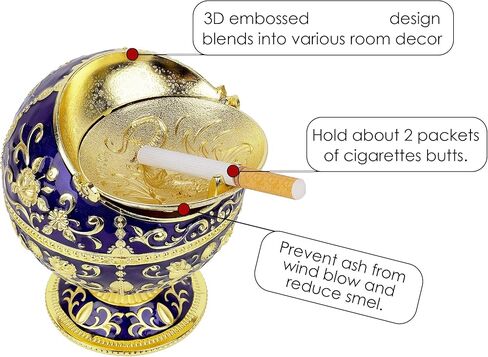 منفضة سجائر كبيرة مقاومة للرياح مع غطاء قلاب للسجائر، منفضة سجائر معدنية محمولة مطبوعة على شكل تنين لتزيين المنزل للفناء الداخلي والخارجي، مبخرة مخروطية، ذهبي أزرق in Kuwait