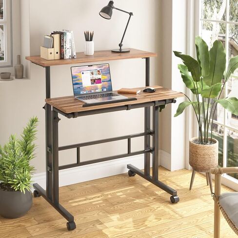 VECELO Small Mobile Standing Desk 24 Inch, Adjustable Height Portable Stand Up Desk with Wheels Computer Workstations, Rolling Laptop Cart, Oak in Saudi Arabia