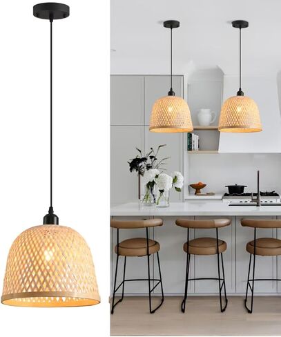 2-Lights Rattan Pendant Light Ceiling Handmade Rattan Woven Wicker Boho Chandelier Light Fixture Kitchen Island Bedroom Living Room Dining Room Farmhouse Adjustable Height in Saudi Arabia
