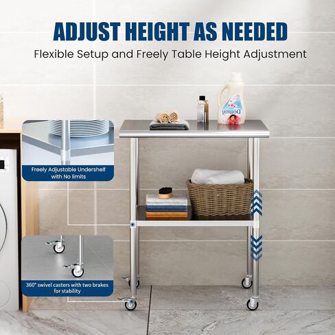 Stainless Steel Table with Wheels 24 x 60 Inches Metal Prep Table with Adjustable Undershelf for Commercial Kitchen, Outdoor, Restaurant, Hotel & Garage in Saudi Arabia
