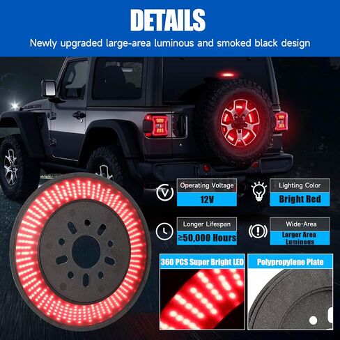 Suparee Spare Tyre Brake Light لـ JE-EP Wrangler 2018-2025 JL ، تصميم سوداء سوداء ، قابس ويلعب LED LED 3rd Third Brake Light مع 360 PCS Super Bright LED ، تصميم فني عريض ، أحمر ، أحمر in Saudi Arabia