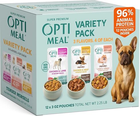 Optimeal Wet Dog Food Pouches - Variety Pack Grain Free Recipes, High Protein, Tender Morsels in Aspic Made with Natural Ingredients for Adult Dogs, Premium Nutrition - 3 oz, Pack of 12 in Kuwait