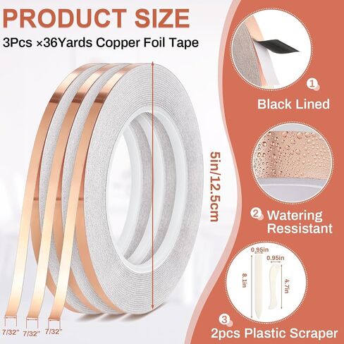 Innconee 5 Pcs Black Backed Copper Foil Stained Glass Black Lined Foil Copper 3 Sizes for Stained Glass Set Hand Foiler Supplies Craft Art Tools(3/16, 7/32, 1/4in X 108ft) in Kuwait