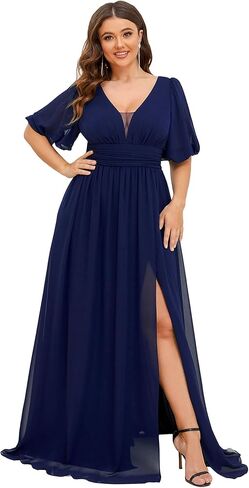 Ever-Pretty Plus Womens V-Neck Puffy Sleeves Empire Waist Ruched Bust A-Line Slit Maxi Plus Size Formal Dress in Saudi Arabia
