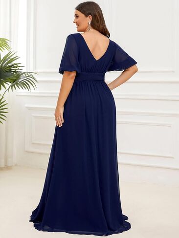 Ever-Pretty Plus Womens V-Neck Puffy Sleeves Empire Waist Ruched Bust A-Line Slit Maxi Plus Size Formal Dress in Saudi Arabia