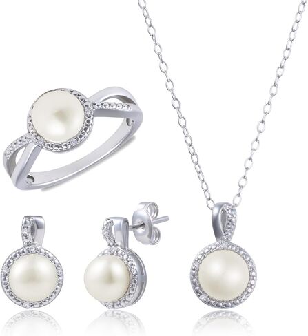 Max + Stone Steprling Silver Pearl Jewelry مجموعة مع الماس | أقراط لؤلؤة المياه العذبة الحقيقية ، الخاتم والقلادة للنساء | مجموعة قلادة أقراط لؤلؤة الماس in Saudi Arabia