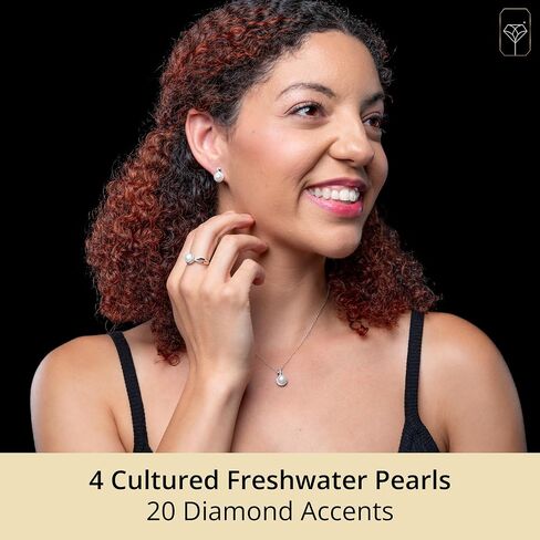 Max + Stone Steprling Silver Pearl Jewelry مجموعة مع الماس | أقراط لؤلؤة المياه العذبة الحقيقية ، الخاتم والقلادة للنساء | مجموعة قلادة أقراط لؤلؤة الماس in Saudi Arabia