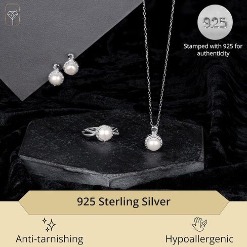 Max + Stone Steprling Silver Pearl Jewelry مجموعة مع الماس | أقراط لؤلؤة المياه العذبة الحقيقية ، الخاتم والقلادة للنساء | مجموعة قلادة أقراط لؤلؤة الماس in Saudi Arabia