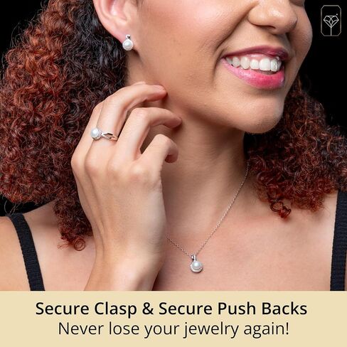 Max + Stone Steprling Silver Pearl Jewelry مجموعة مع الماس | أقراط لؤلؤة المياه العذبة الحقيقية ، الخاتم والقلادة للنساء | مجموعة قلادة أقراط لؤلؤة الماس in Saudi Arabia