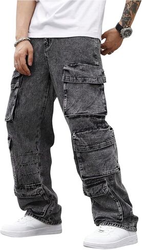 SOLY HUX Men's Cargo Jeans Y2k Grunge Hip Hop Wide Leg Baggy Denim Pants Streetwear with Pockets in Saudi Arabia