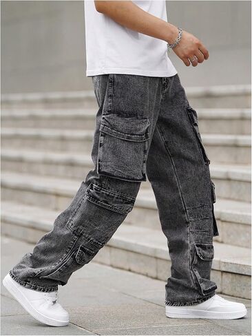SOLY HUX Men's Cargo Jeans Y2k Grunge Hip Hop Wide Leg Baggy Denim Pants Streetwear with Pockets in Saudi Arabia