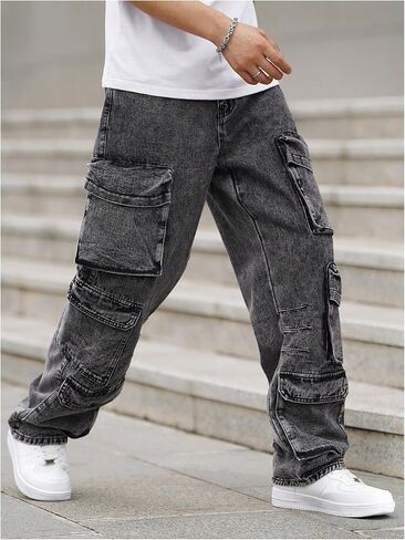 SOLY HUX Men's Cargo Jeans Y2k Grunge Hip Hop Wide Leg Baggy Denim Pants Streetwear with Pockets in Saudi Arabia