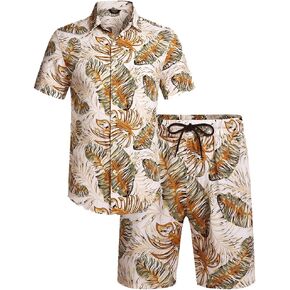 Litteking الرجال قميص هاواي صيفي مجموعة قصيرة الزي 2 قطعة رياضية عادية الأزهار قصيرة الأكمام القمصان والسراويل البدلة in Kuwait
