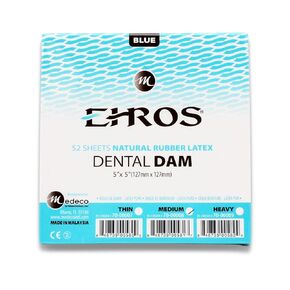 Rubber Dental Dam 5"x 5" Medium Blue Latex 52 Sheets Natural EHROS