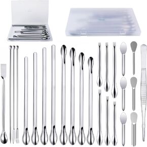 25 Pcs Stainless Steel Lab Spatula Micro Scoop Set Laboratory Tiny Mixing Spatula with Tweezers Long Sampling Spoon for Powders Gel Cap Capsule Filler (25Pcs)