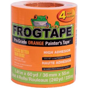 FrogTape Pro Grade Orange Painter’s Tape for Interior and Exterior Applications, 1.41" x 60 yard Roll, 4-Pack