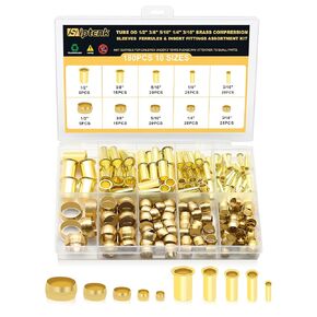 180PCS Brass Compression Sleeves Ferrules & Inserts Tube OD 1/2" 3/8" 5/16" 1/4" 3/16", 5 Sizes Tubing Insert Brass Ferrule Kit for DOT Air Brake LIne Fittings