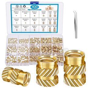 400Pcs Threaded Inserts Heat Set Insert M2 M2.5 M3 M4 M5 M6 Metric Knurled Nuts Assortment Kit Brass Threaded Inserts for Plastic and 3D Printing Components