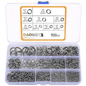 900 PCS Stainless Steel Spring Lock Washer, Split Lock Washer, Split Ring Washer Bolt Screw Spring Washer, 2#, 1/8", 5/32", 3/16", 1/4", 5/16", 3/8", 1/2"