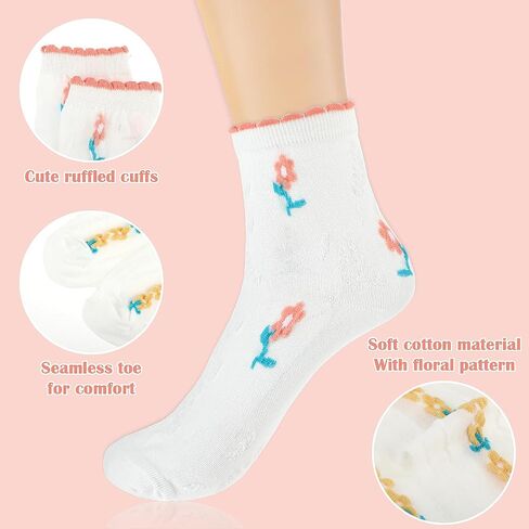 Womens Socks, Ruffle Casual Ankle Socks Breathable Cool Cotton Knit Lettuce，Girls Vintage Cute Flower Sweet Socks Colorful 6 Pack in Saudi Arabia