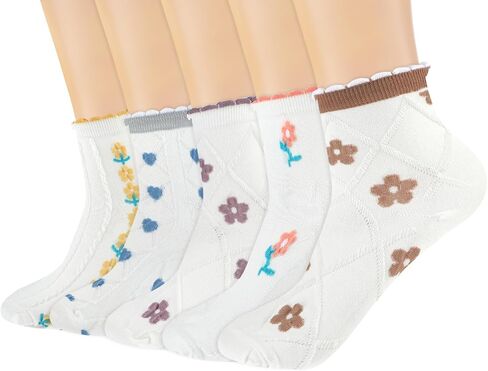 Womens Socks, Ruffle Casual Ankle Socks Breathable Cool Cotton Knit Lettuce，Girls Vintage Cute Flower Sweet Socks Colorful 6 Pack in Saudi Arabia