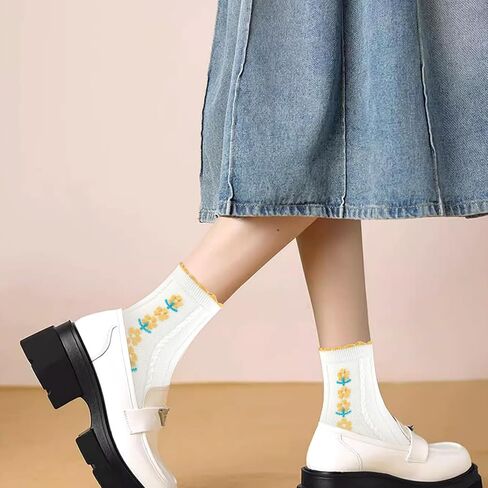 Womens Socks, Ruffle Casual Ankle Socks Breathable Cool Cotton Knit Lettuce，Girls Vintage Cute Flower Sweet Socks Colorful 6 Pack in Saudi Arabia