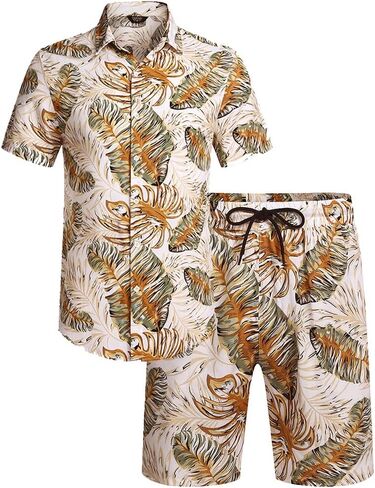 Litteking الرجال قميص هاواي صيفي مجموعة قصيرة الزي 2 قطعة رياضية عادية الأزهار قصيرة الأكمام القمصان والسراويل البدلة in Kuwait