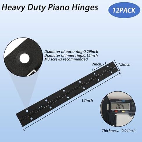 4 Inch 12 Pcs Piano Hinges，Black Long Hinges Heavy Duty with Hole for Cabinets Boat Marine Door,Box,French Window,0.04" Leaf Thickness 1.2'' Open Width in Kuwait