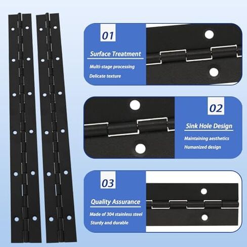 4 Inch 12 Pcs Piano Hinges，Black Long Hinges Heavy Duty with Hole for Cabinets Boat Marine Door,Box,French Window,0.04" Leaf Thickness 1.2'' Open Width in Kuwait