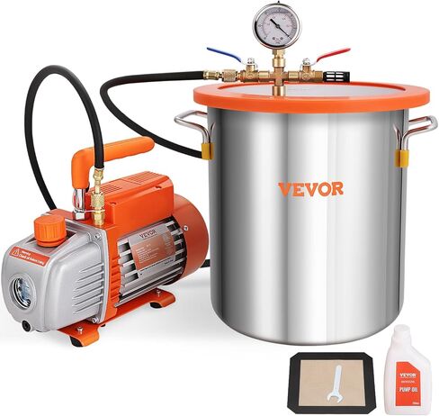 VEVOR 5 Gallon Vacuum Chamber and 3.5 CFM Pump Kit, Tempered Glass Lid Vacuum Degassing Chamber Kit, Single Stage Vacuum Pump with 250 ml Oil Bottle, for Stabilizing Wood, Degassing Silicones, Epoxies in Saudi Arabia