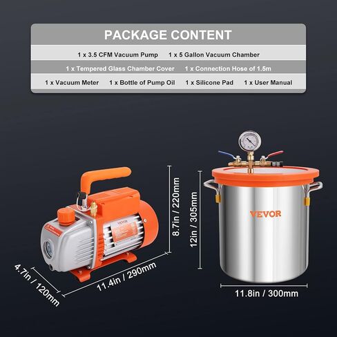 VEVOR 5 Gallon Vacuum Chamber and 3.5 CFM Pump Kit, Tempered Glass Lid Vacuum Degassing Chamber Kit, Single Stage Vacuum Pump with 250 ml Oil Bottle, for Stabilizing Wood, Degassing Silicones, Epoxies in Saudi Arabia