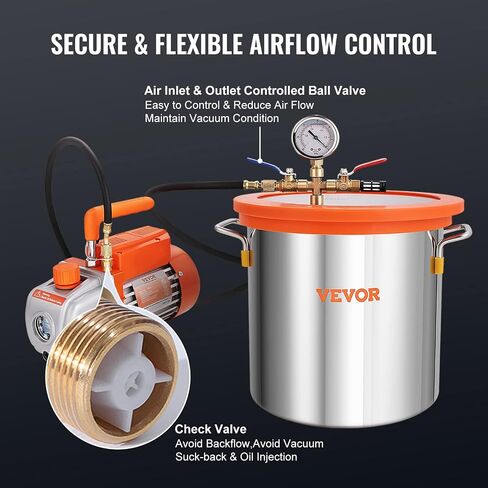 VEVOR 5 Gallon Vacuum Chamber and 3.5 CFM Pump Kit, Tempered Glass Lid Vacuum Degassing Chamber Kit, Single Stage Vacuum Pump with 250 ml Oil Bottle, for Stabilizing Wood, Degassing Silicones, Epoxies in Saudi Arabia