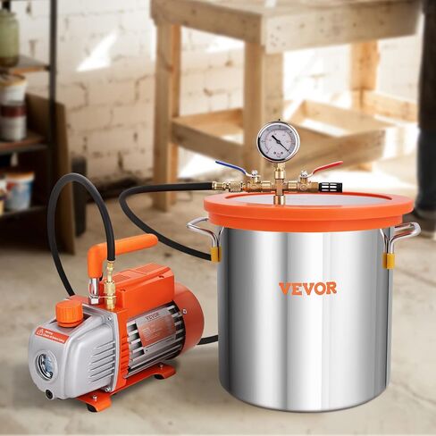 VEVOR 5 Gallon Vacuum Chamber and 3.5 CFM Pump Kit, Tempered Glass Lid Vacuum Degassing Chamber Kit, Single Stage Vacuum Pump with 250 ml Oil Bottle, for Stabilizing Wood, Degassing Silicones, Epoxies in Saudi Arabia
