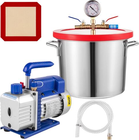VEVOR غرفة فراغ 5 جالون ومجموعة مضخة 3.5 CFM، طقم غرفة تفريغ الهواء بغطاء من الزجاج المقسى، مضخة تفريغ أحادية المرحلة مع زجاجة زيت 250 مل، لتثبيت الخشب، والسيليكونات، والإيبوكسيات in Kuwait