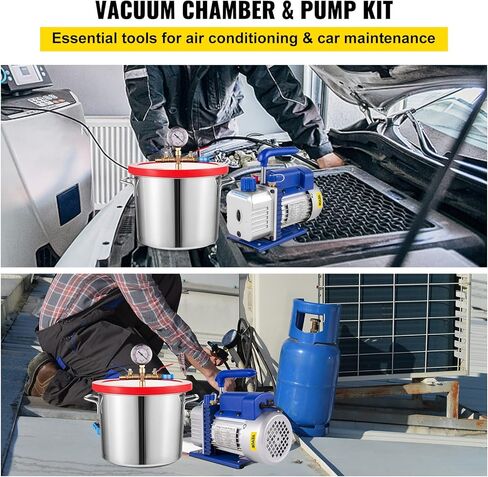 VEVOR غرفة فراغ 5 جالون ومجموعة مضخة 3.5 CFM، طقم غرفة تفريغ الهواء بغطاء من الزجاج المقسى، مضخة تفريغ أحادية المرحلة مع زجاجة زيت 250 مل، لتثبيت الخشب، والسيليكونات، والإيبوكسيات in Kuwait