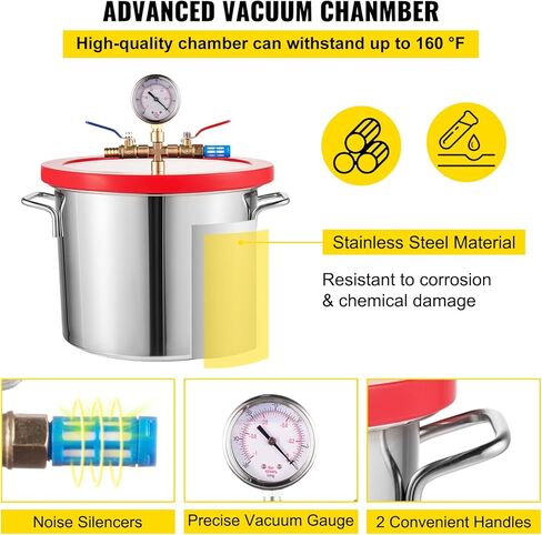 VEVOR غرفة فراغ 5 جالون ومجموعة مضخة 3.5 CFM، طقم غرفة تفريغ الهواء بغطاء من الزجاج المقسى، مضخة تفريغ أحادية المرحلة مع زجاجة زيت 250 مل، لتثبيت الخشب، والسيليكونات، والإيبوكسيات in Kuwait