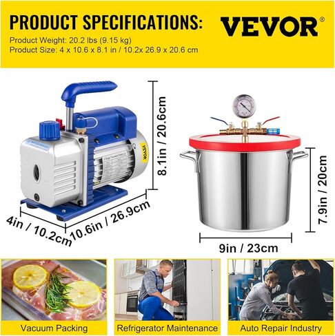 VEVOR غرفة فراغ 5 جالون ومجموعة مضخة 3.5 CFM، طقم غرفة تفريغ الهواء بغطاء من الزجاج المقسى، مضخة تفريغ أحادية المرحلة مع زجاجة زيت 250 مل، لتثبيت الخشب، والسيليكونات، والإيبوكسيات in Kuwait