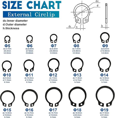 NINDEJIN External Retaining Rings Snap Rings Assortment Kit, Circlip Circlip Retainer Rings Set (C-Clip Carbon Steel) in Saudi Arabia