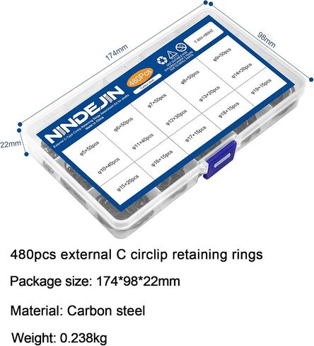 NINDEJIN External Retaining Rings Snap Rings Assortment Kit, Circlip Circlip Retainer Rings Set (C-Clip Carbon Steel) in Saudi Arabia