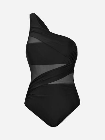 بدلة سباحة نسائية من CUPSHE قطعة واحدة للتحكم في البطن ورقبة مكشكشة غير متماثلة وحزام كتف واحد شبكي in Kuwait